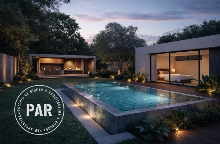 Vivienda con piscina, anteproyecto al atardecer
